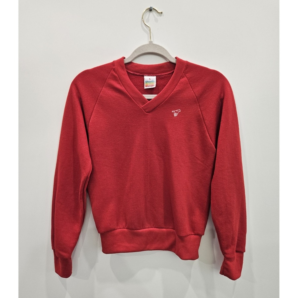 Vintage 70s 80s Wrangler Red V-Neck‎ Sweatshirt Horse Logo Made in USA Small S